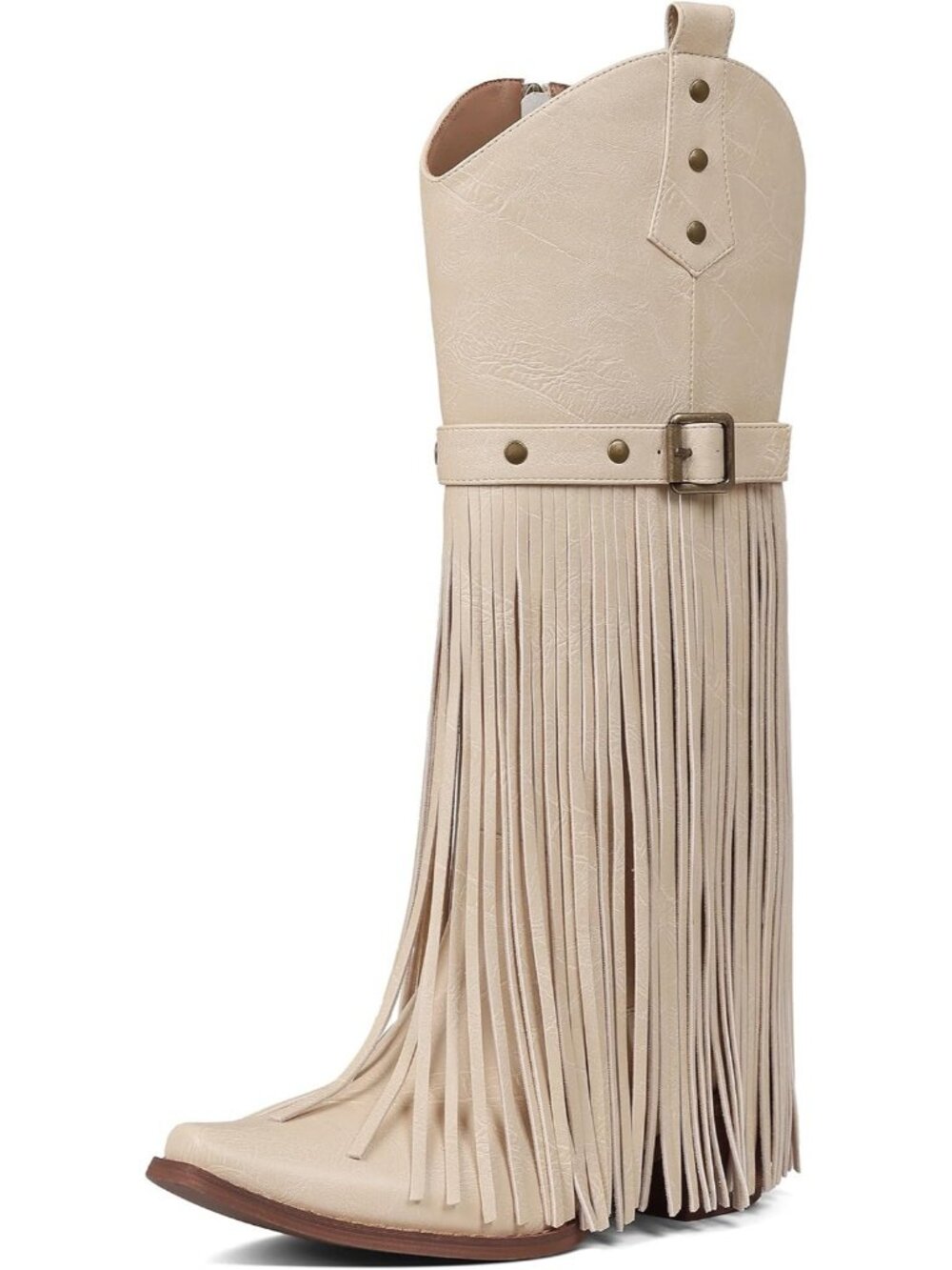 Women's Cream Retro Pointed Toe Pull On Block Chunky Heel Embroider Cowgirl Boot